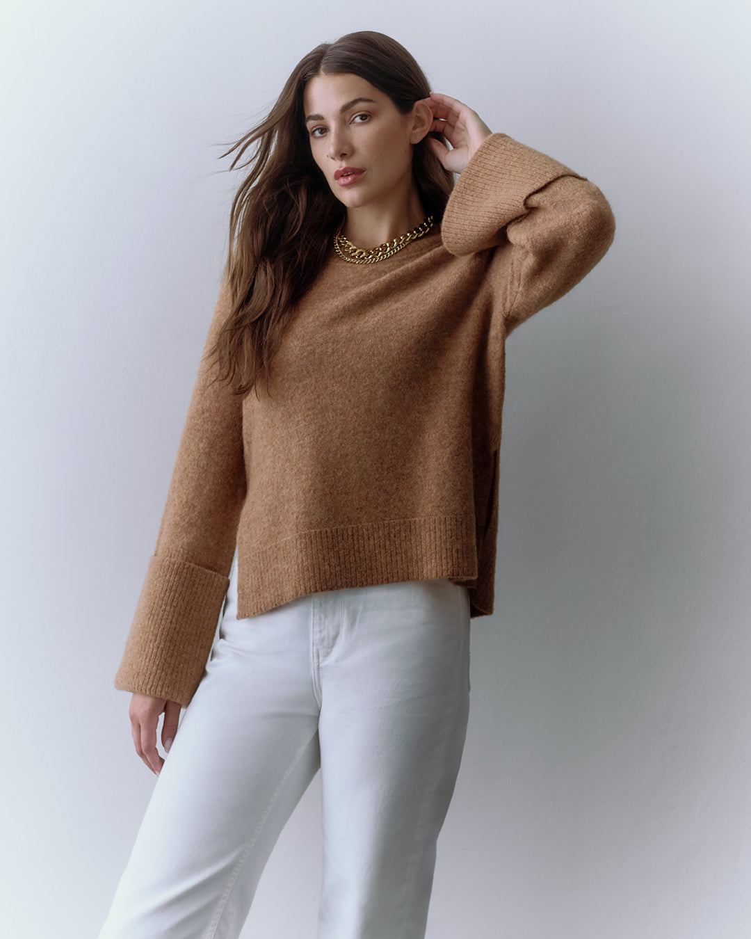 Luxury Alpaca Wool Rolled Cuff Crewneck Sweater for Women Cozy