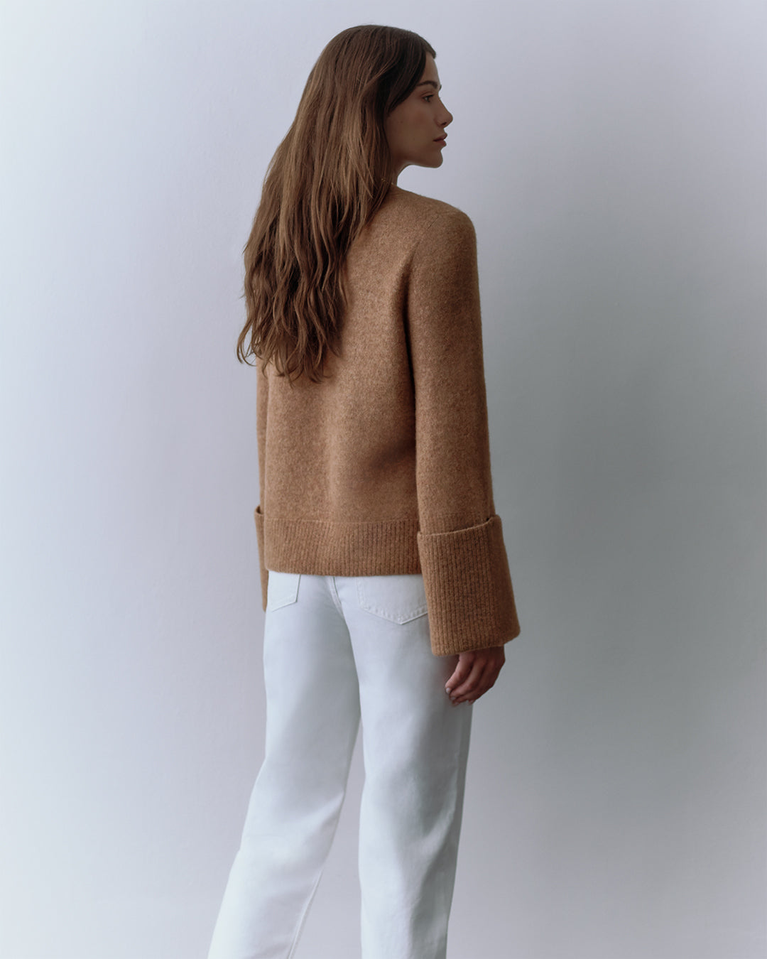 Luxury Alpaca Wool Rolled Cuff Crewneck Sweater for Women Cozy