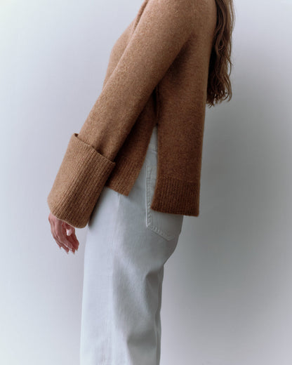 Luxury Alpaca Wool Rolled Cuff Crewneck Sweater for Women Cozy