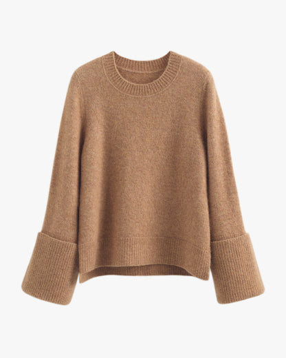 Luxury Alpaca Wool Rolled Cuff Crewneck Sweater for Women Cozy