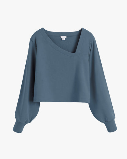 French Terry Asymmetrical Neckline Top for Women Soft Cozy Style