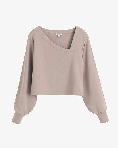 French Terry Asymmetrical Neckline Top for Women Soft Cozy Style