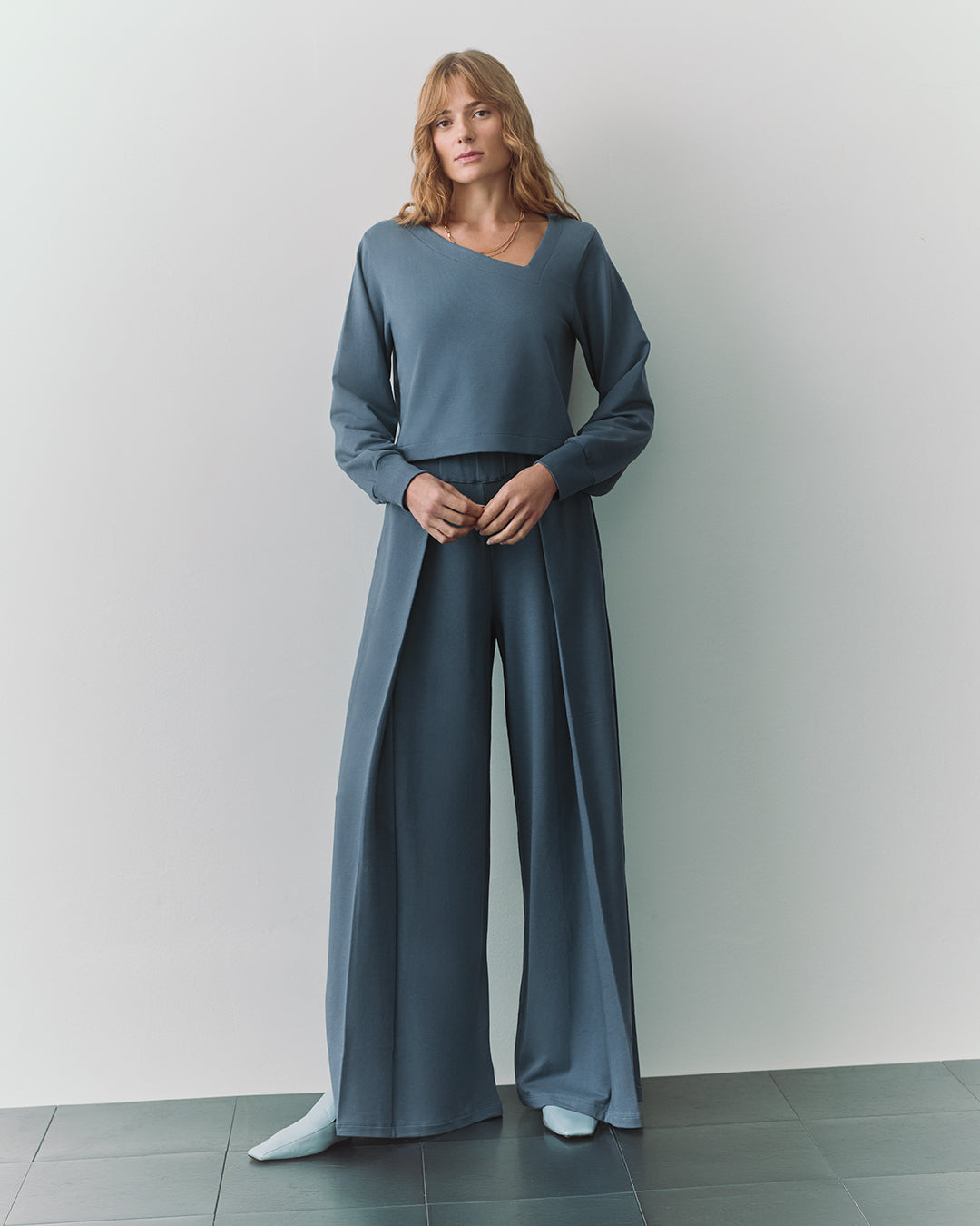 French Terry Asymmetrical Neckline Top for Women Soft Cozy Style