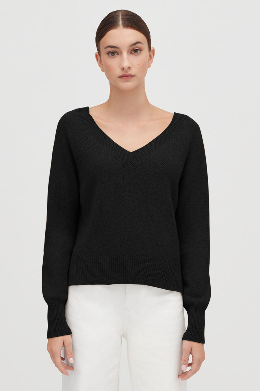 Luxury Cashmere Deep V-Neck Cropped Sweater for Women Soft