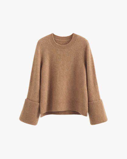 Luxury Alpaca Wool Rolled Cuff Crewneck Sweater for Women Cozy